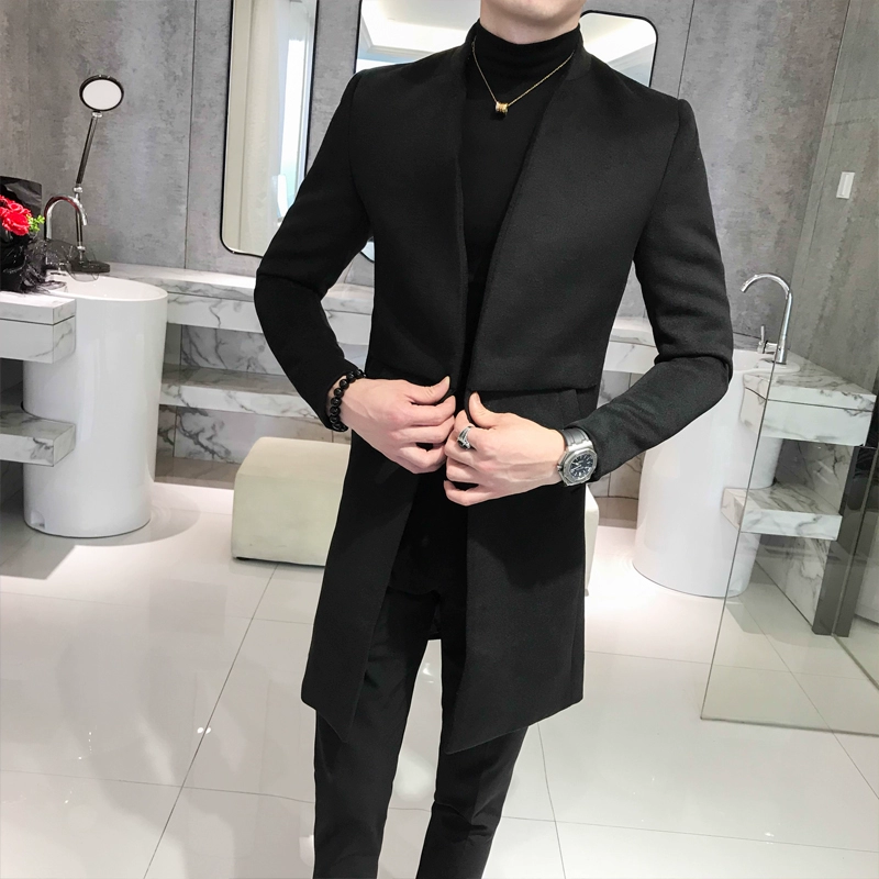 Áo len nam dài giữa Hàn Quốc cổ áo đứng nam mùa đông mới tự trồng thanh niên áo khoác len xu hướng áo len nam - Áo len
