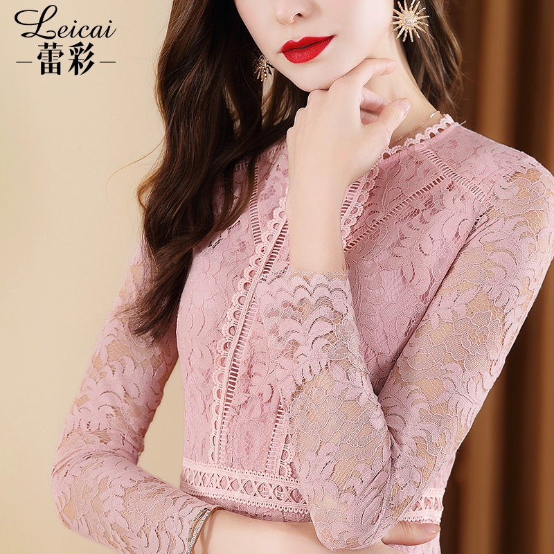 Lei màu hồng ren rỗng váy nữ trung thu mùa thu 2021 mới dài tay váy chữ A dài váy 30420 - A-Line Váy