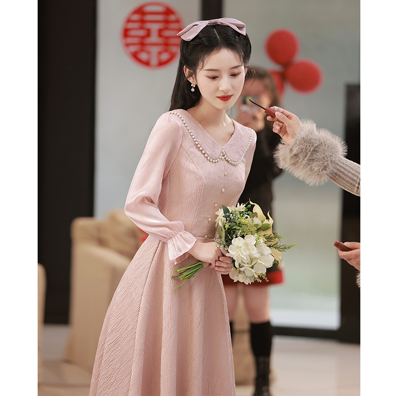 Pink Mini Dress, Toast Dress, Wedding and Engagement Dress, French Light Luxury, Niche Style, Suitable for Petite Women to Wear Casually