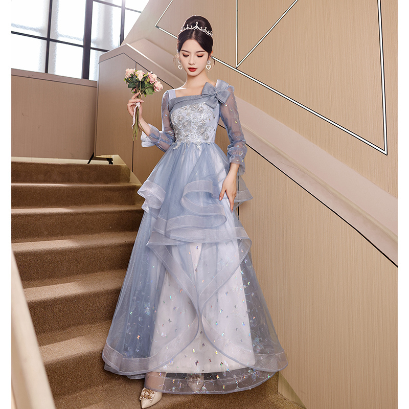 Blue Evening Dress 2026 New French Light Luxury Niche High-End Hostess Elegant Banquet Temperament Art Exam Girl