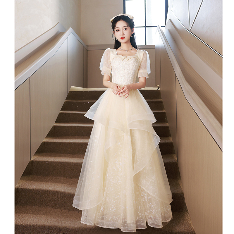 Evening Dress for Women, Champagne Color, High-End, Light Luxury, Niche, Sophisticated, Graduation, Coming-Of-Age Ceremony, Host, Art Exam, Performance Outfit