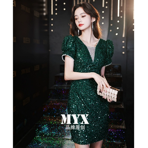 Элитное вечернее платье, зеленые короткие элегантные блестки для ногтей, французский стиль, легкий роскошный стиль, изысканный стиль