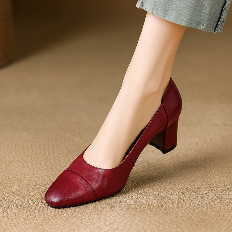 Italy | Pdana Chunky Heel 6cm ⭐ Red Retro Genuine Leather Simple Shallow Mouth Single Shoes Soft Sole High Heel Women's Shoes