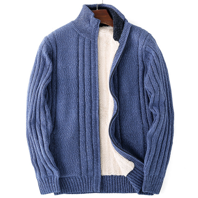 ເສື້ອກັນໜາວຜູ້ຊາຍແບບເກົາຫຼີ trendy velvet thickened stand-up collar zipper sweater outer wear knitted sweater men's cardigan