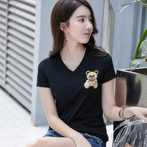 Kovu 2021 spring and summer new womens Korean V-neck short-sleeved T-shirt womens simple slim-fit base shirt top