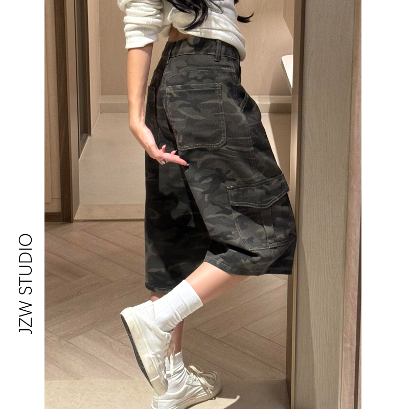 American-Style Camouflage Gray Workwear Capri Pants for Women, Summer Thin Loose Fit, Slimming, Super Nice Straight-Leg Mid-Length Pants