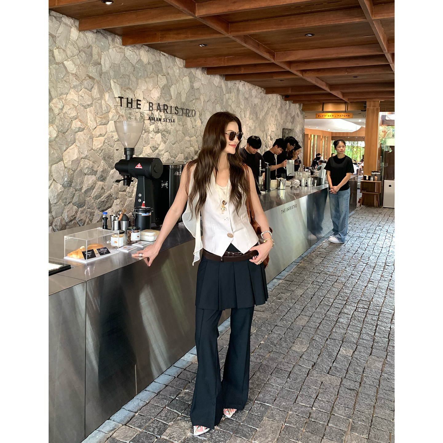 马儿MAR женские повседневные брюки с имитацией двухслойности и плиссированной задней вставкой, черные, стройнящие, универсальные, длинные с разрезами