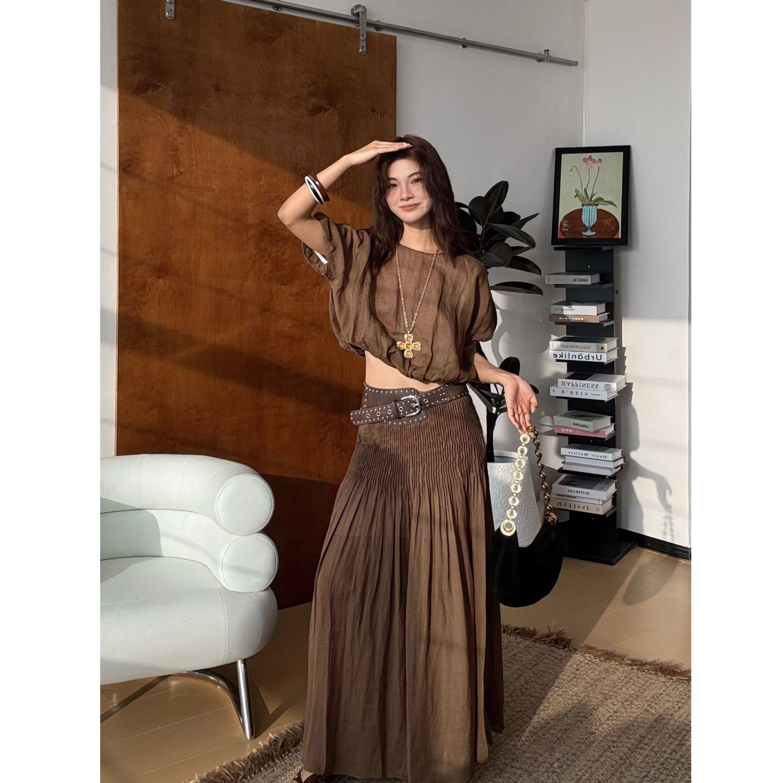 MAR летний новый ретро льняной повседневный комплект из двух предметов с короткими рукавами и плиссированной юбкой с поясом для женщин