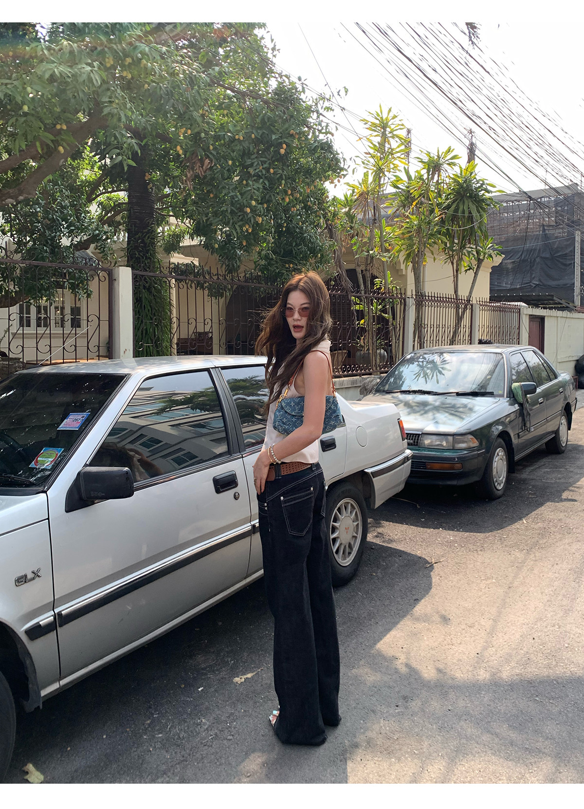 马儿MAR винтажные джинсы с контрастной строчкой женские весна-лето широкие прямые стройнящие свободные черные длинные брюки