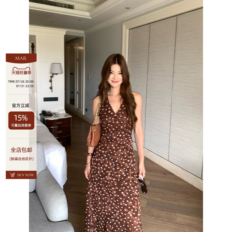 Mar Retro V Neck Jacquard Textured Polka Dot Dress for Women Summer Waist-Cinching Strapless Sleeveless Long Dress