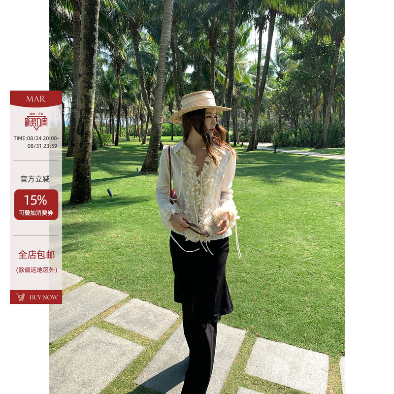 Mar Tencel Blend Three-Dimensional Floral Shirt for Women, Textured Lace Tie, Unique Slimming Long-Sleeve Top