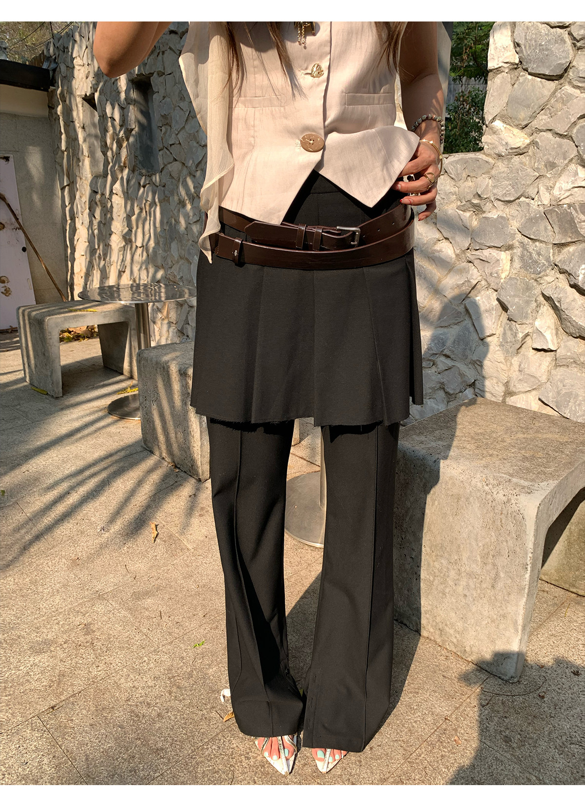 马儿MAR женские повседневные брюки с имитацией двухслойности и плиссированной задней вставкой, черные, стройнящие, универсальные, длинные с разрезами