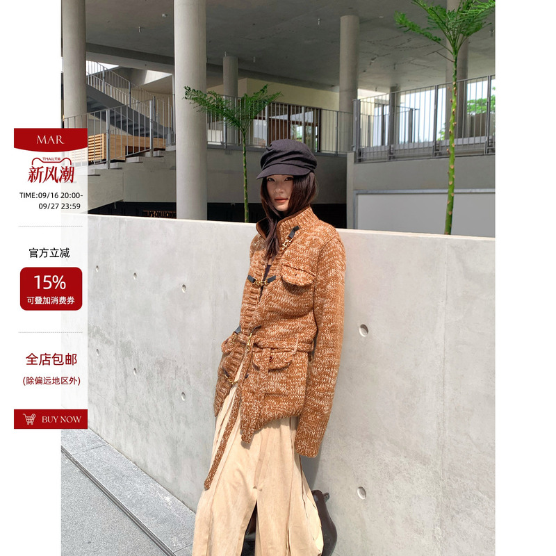 Mar Retro Design Wool Blend Floral Yarn Stand Collar Sweater for Women, New Autumn and Winter Waist-Cinching Coat Top
