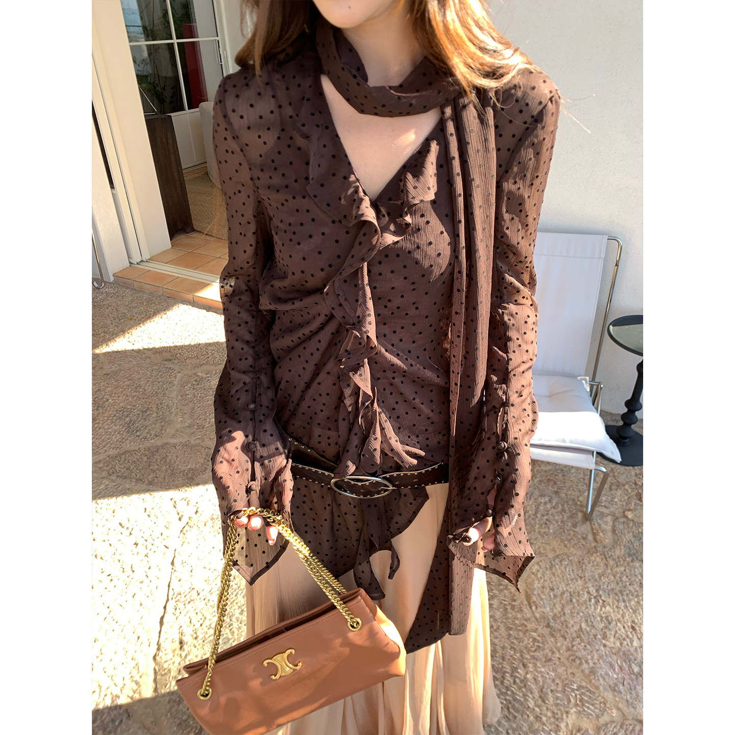 马儿MAR французская ретро блузка с лентами V-образным вырезом в горошек длинный рукав женская дизайнерская приталенная элегантная рубашка