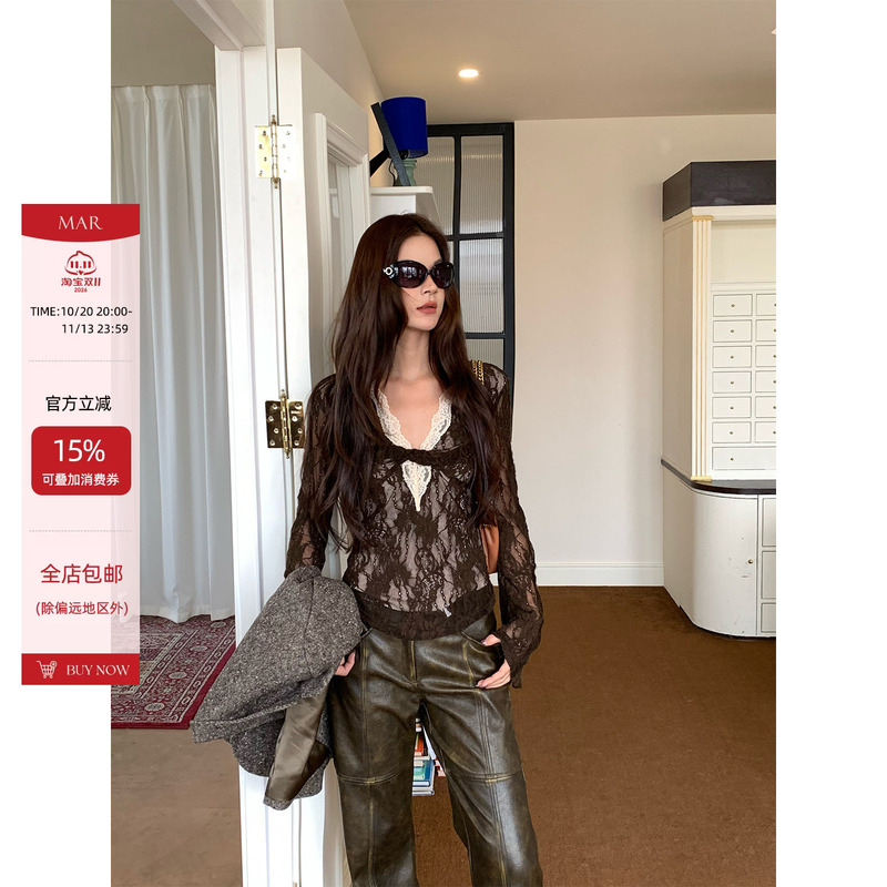 Mar Retro V-Neck Lace Patchwork Hollow Design Long-Sleeve Base Shirt for Women, Slim-Fit Knit Top