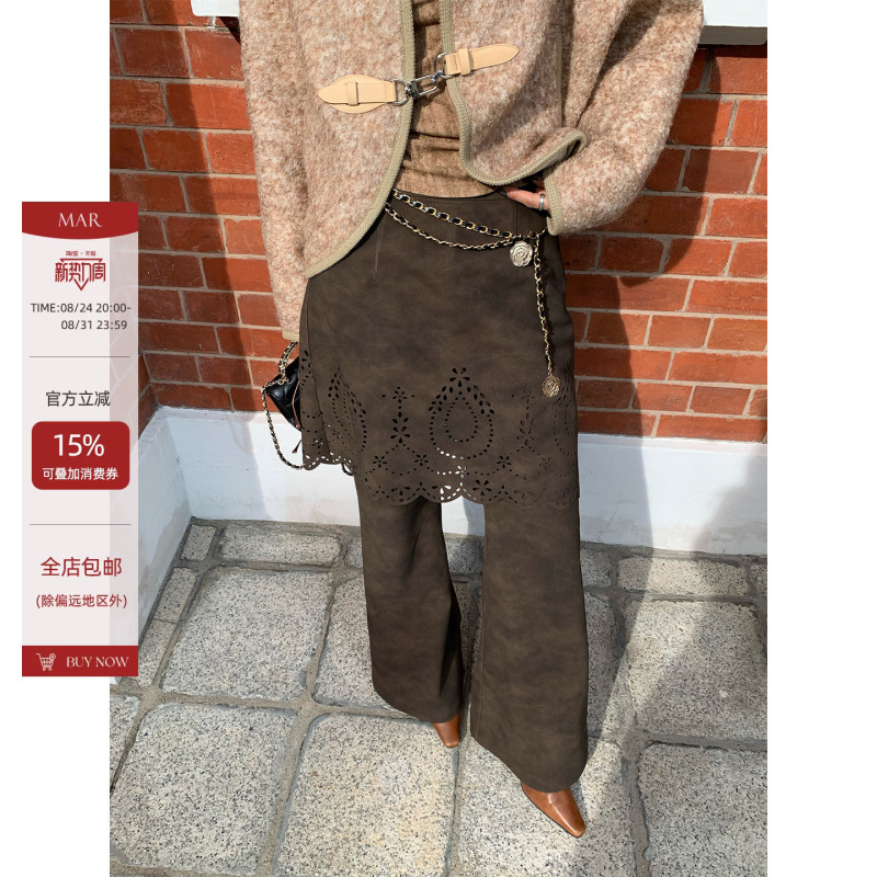 Mar Retro Smudged Floral Craft Hollow-Out Pattern Faux Two-Piece Flared Casual Pants for Women