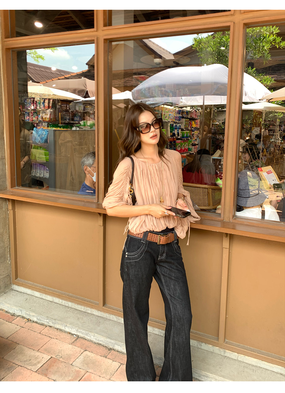 马儿MAR винтажные джинсы с контрастной строчкой женские весна-лето широкие прямые стройнящие свободные черные длинные брюки