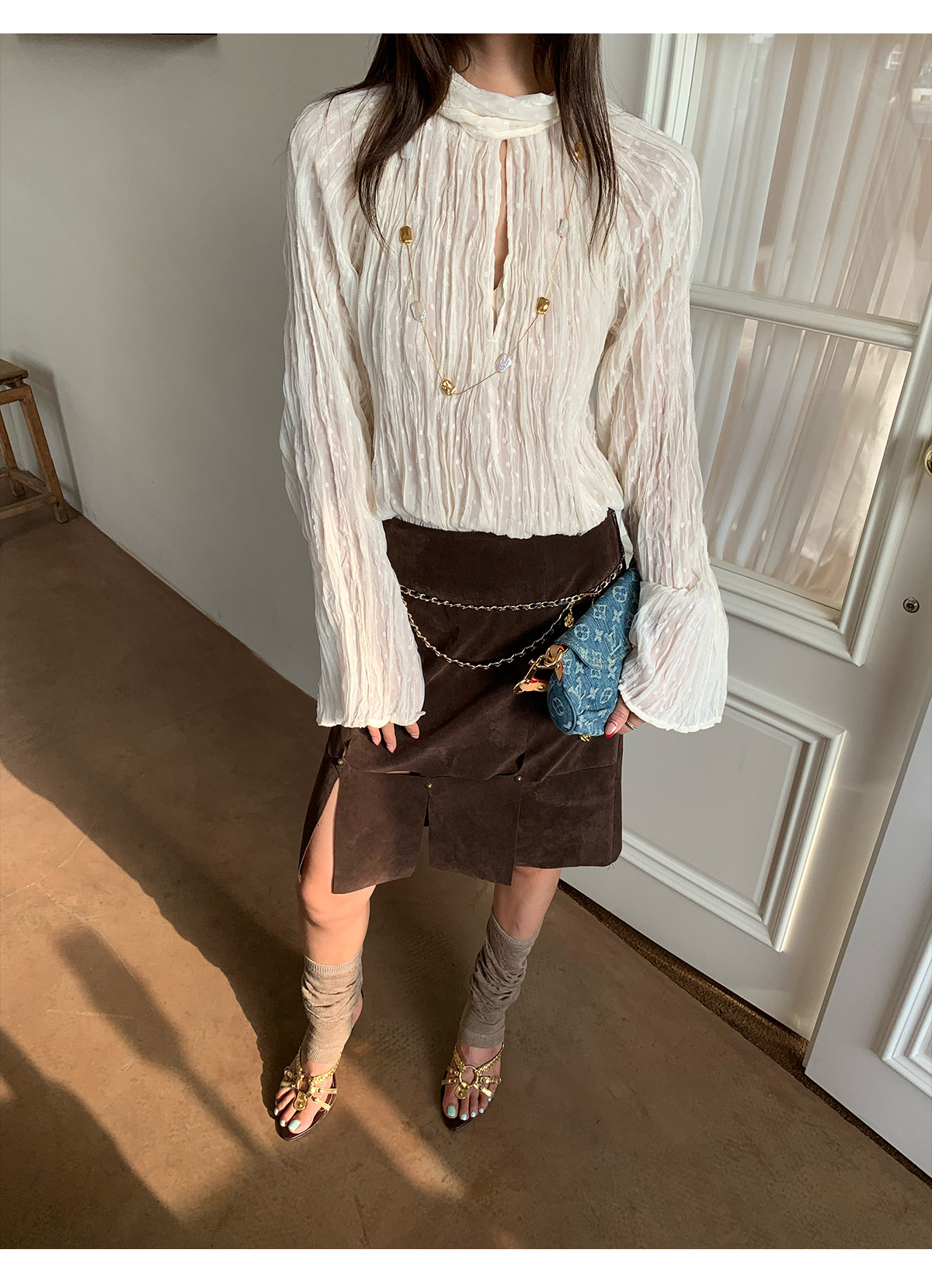 马儿MAR весенне-летняя женская рубашка с завязками на воротнике и складками, длинный рукав