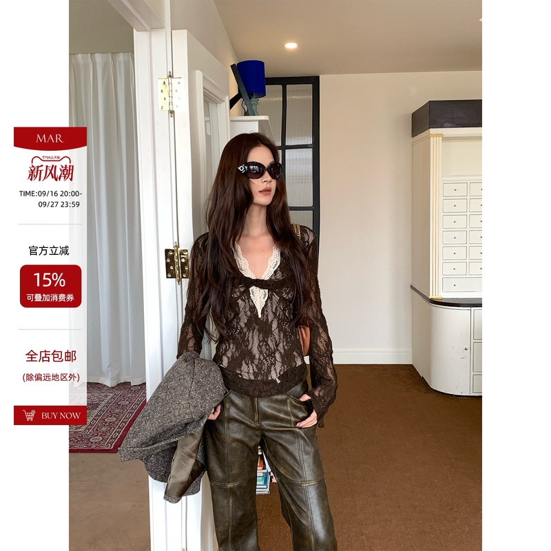 Mar Retro Lace Patchwork V-Neck Long-Sleeve Base Shirt for Women, Slim-Fit Design Knit Top Mar Retro Lace Patchwork V-Neck Long-Sleeve Base Shirt for Women, Slim-Fit Design Knit Top