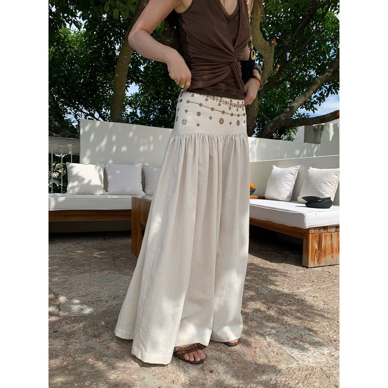 Mar Bohemian Style Handmade Beaded Cotton and Linen Mixed Wide-Leg Pants for Women, Loose Casual Pants, Vacation Style Mar Bohemian Style Handmade Beaded Cotton and Linen Mixed Wide-Leg Pants for Women, Loose Casual Pants, Vacation Style