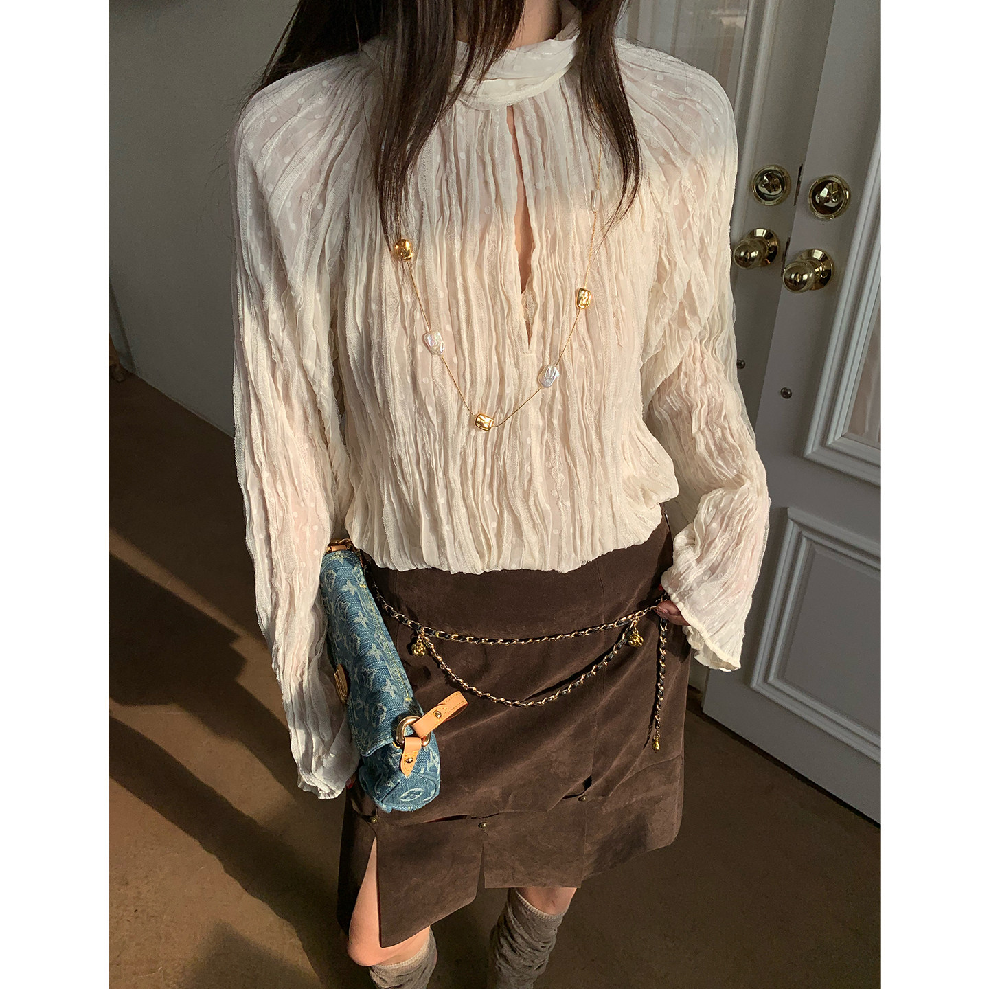 马儿MAR весенне-летняя женская рубашка с завязками на воротнике и складками, длинный рукав