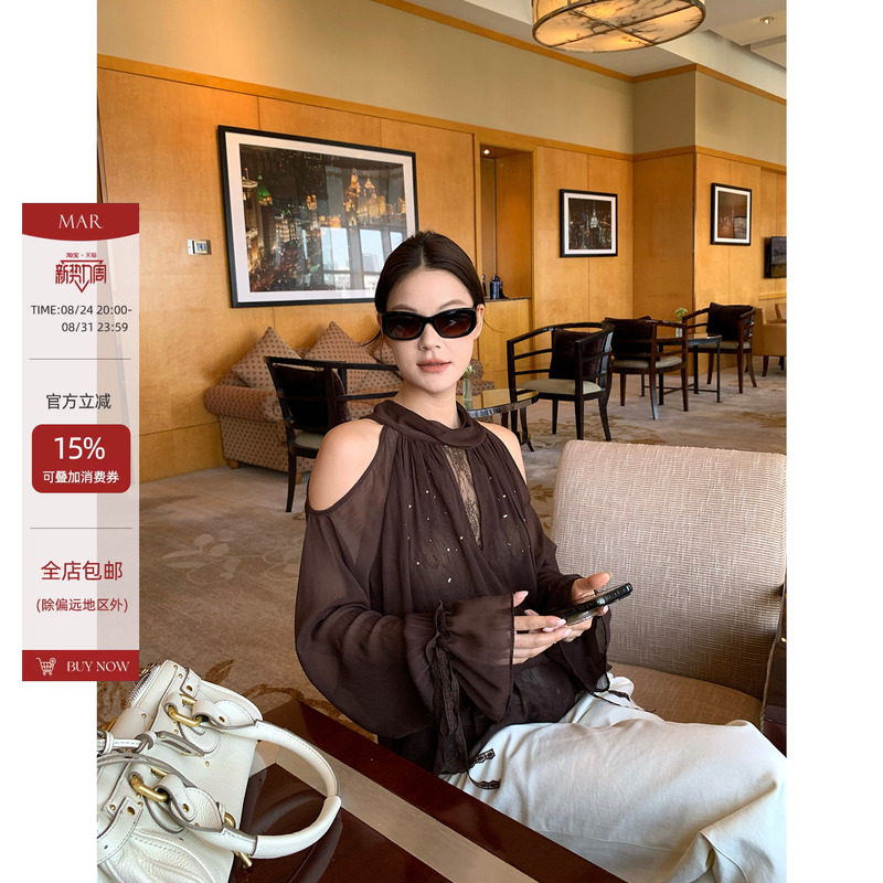 Mar Handmade Rhinestone Patchwork Lace Off-Shoulder Tie-Up Flared Sleeve Blouse Women's Summer Long-Sleeve Chiffon Top