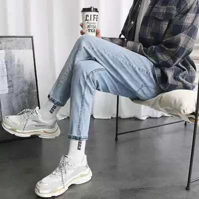 Light colored jeans men slim feet Autumn New ins pants tidal harbor wind tight stretch casual ankle-length pants