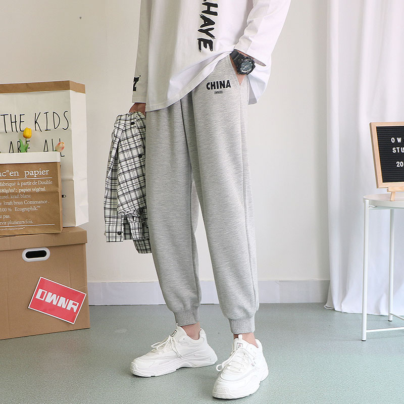 Gray sweatpants men's summer cropped pants Korean version trend versatile corset loose student new casual sweatpants