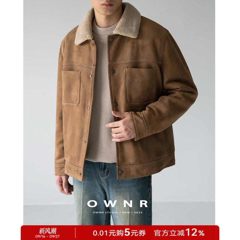 Ownr Lapel Lamb Wool Cotton Jacket Short Coat Men's Winter Fleece-Lined Thickened Cotton Jacket Short Suede Jacket