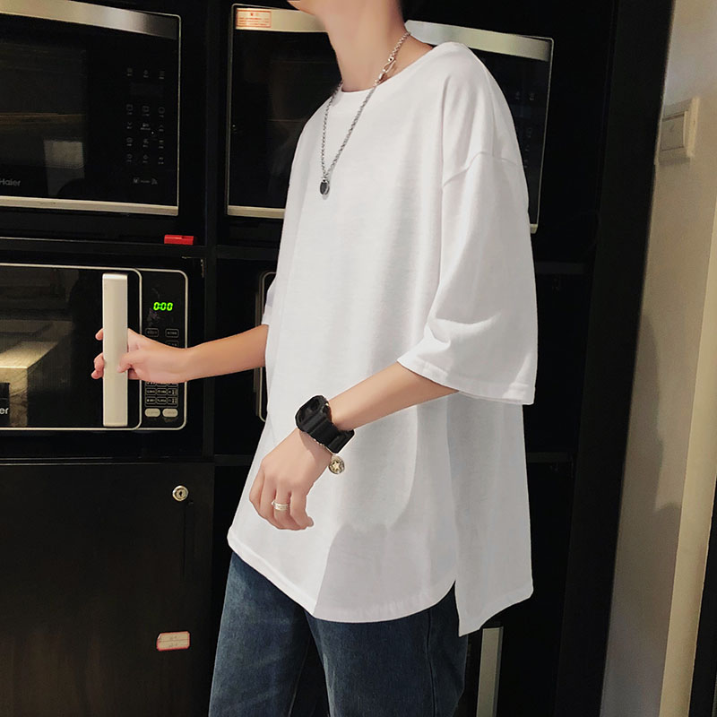 White T-shirt male summer pure color loose casual 100 lap clothes Korean version trend 50% sleeve round collar men's blouse