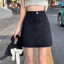 2022 Korean version Spring pure color Cowboy half body dress High waist 100 lap A character dress small sub black denim skirt summer