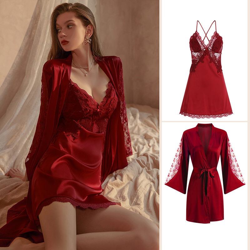 Dressing Gown Female Bride Wedding Silk Red Pajamas Animal Year Sexy with Breast Pad Suspender Nightgown Nightgown Wedding Summer Dressing Gown Female Bride Wedding Silk Red Pajamas Animal Year Sexy with Breast Pad Suspender Nightgown Nightgown Wedding Summer