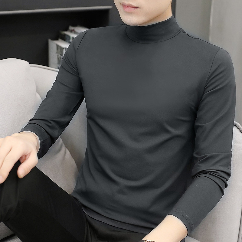 2 pieces) Modal half high collar long sleeve T-shirt men autumn winter plus velvet thick warm base shirt middle collar autumn men