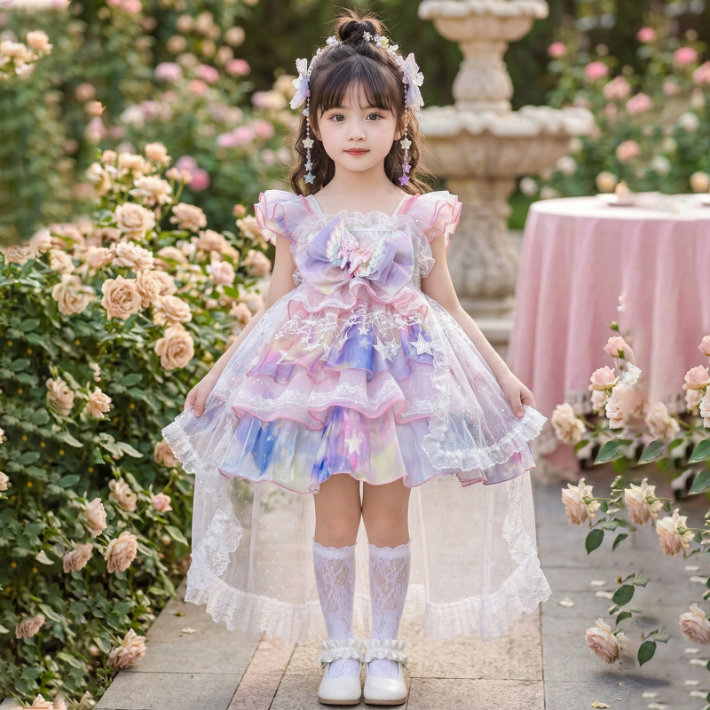 Girls' Lolita Princess Dress Summer New Rainbow Gradient Lace Trailing Dress Super Fairy Children's Tutu Skirt