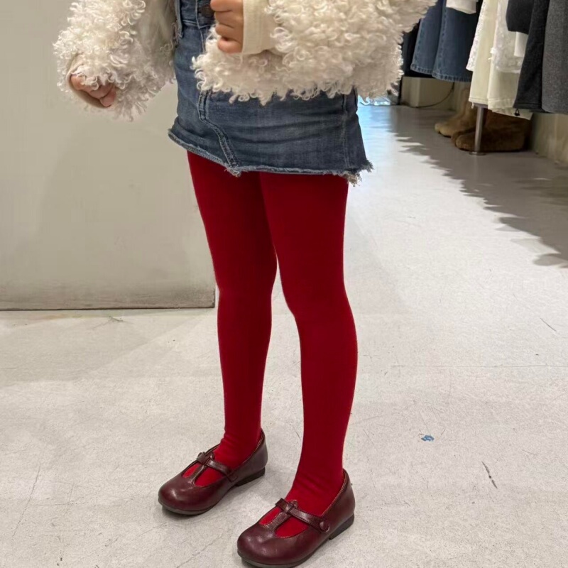 Girls' Red Tights Spring and Autumn Pantyhose Children's Autumn and Winter Fleece-Lined Red Socks for New Year Baby Leggings