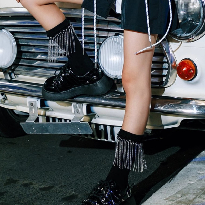 Mid-Calf Socks with Tassels for Children, Model T, Runway Fashion Socks, Girls' Chain Socks, Baby Jazz Punk Style Socks
