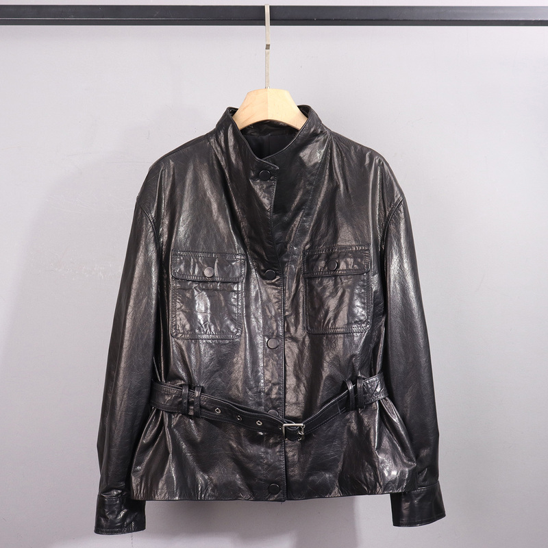 New Style Genuine Leather Jacket for Women, Short Style, Stand Collar, Single-Breasted, Belted, Waist-Cinching, Long-Sleeved, Fashionable and Versatile Leather Jacket