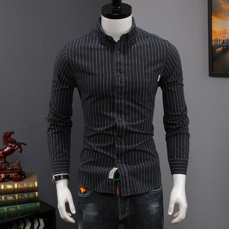 Fall Shirt Male long sleeve fit Han version handsome cotton mill Hairbrush Striped Shirt Harbor Wind Day Ensemble Casual Blouse Tide