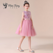 Girls piano performance clothing host competition little girl flower girl princess dress pink sequin short new tutu skirt