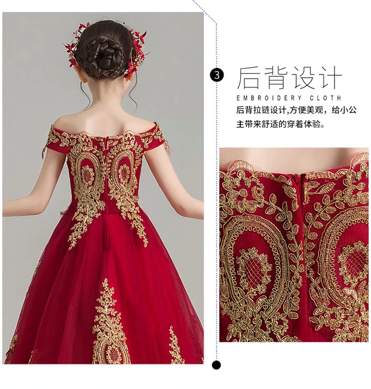 Váy cô gái catwalk đuôi trẻ em váy cưới cô gái chủ nhà trang phục piano hoa công chúa váy công chúa sợi mịn - Váy trẻ em