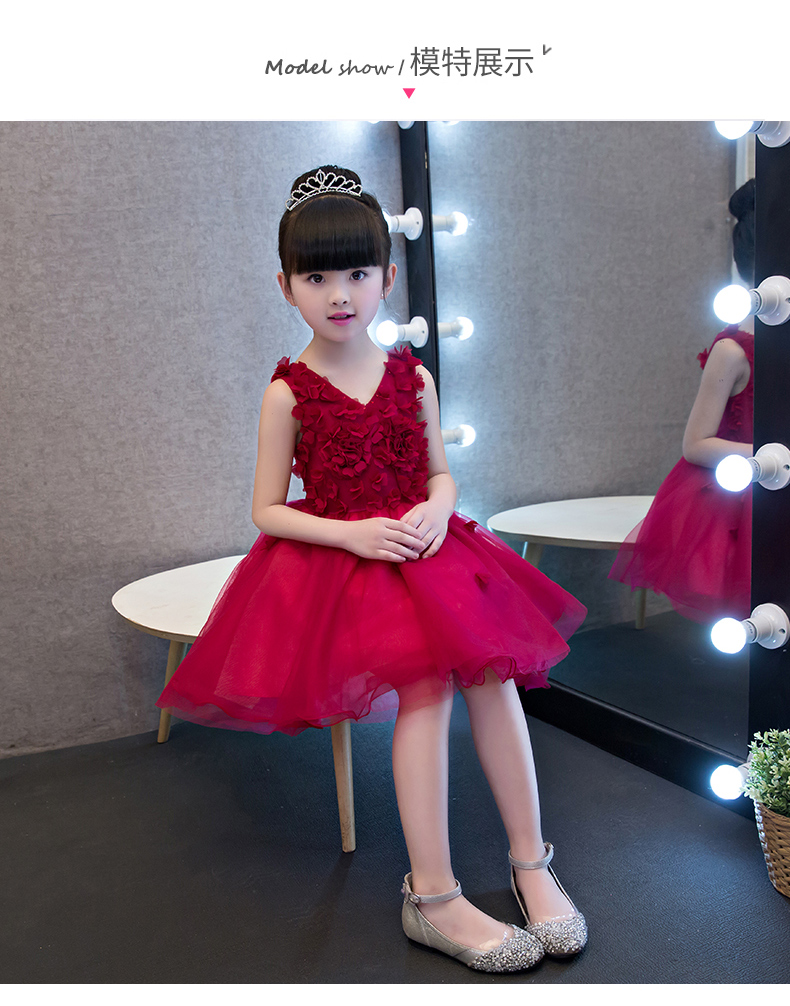 Cô gái buổi tối váy fluffy màu đỏ trang phục trẻ em váy hoa cô gái chủ nhà nhỏ sinh nhật công chúa váy - Váy trẻ em shop quần áo trẻ em