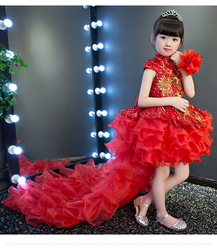 Hoa sinh nhật cô gái trang phục piano dài đuôi đỏ cô gái chủ nhà catwalk đám cưới công chúa váy trẻ em - Váy trẻ em