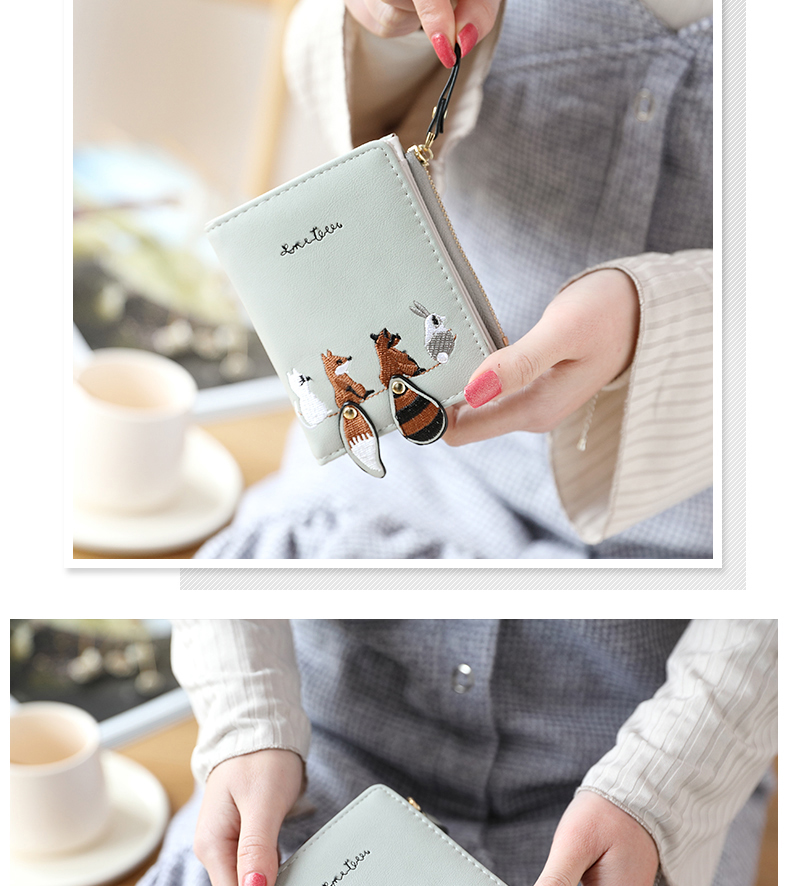 Jizi thêu dễ thương phiên bản tiếng Nhật và tiếng Hàn của phụ nữ ví nhỏ nữ ngắn đoạn nhỏ tươi hai lần đổi ví sinh viên ví da nam đứng