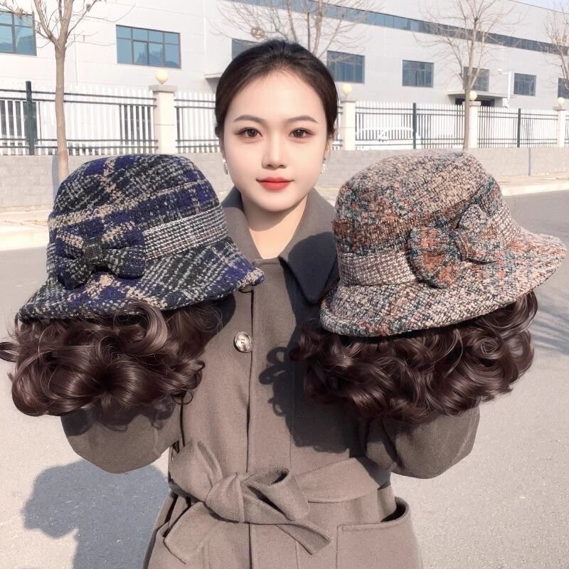 Hat and Wig All-In-One Women's Short Curly Hair Fashionable Mom Style Synthetic Hair Fisherman Hat Wig Set Autumn and Winter Style Hat and Wig All-In-One Women's Short Curly Hair Fashionable Mom Style Synthetic Hair Fisherman Hat Wig Set Autumn and Winter Style