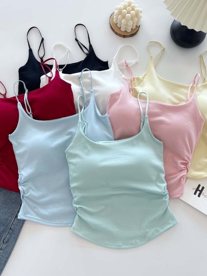 Fresh and Pure Style Design Pleated Camisole for Women, Suitable for Outerwear or Layering, with Chest Pads, Slim Fit, Beautiful Back Top for Summer