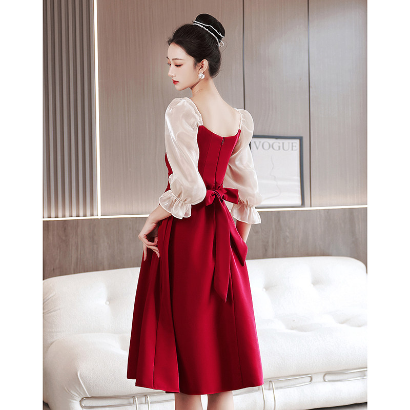 Long-sleeved toast dress bride autumn and winter wine red wedding engagement dress dress pregnant woman cover belly small