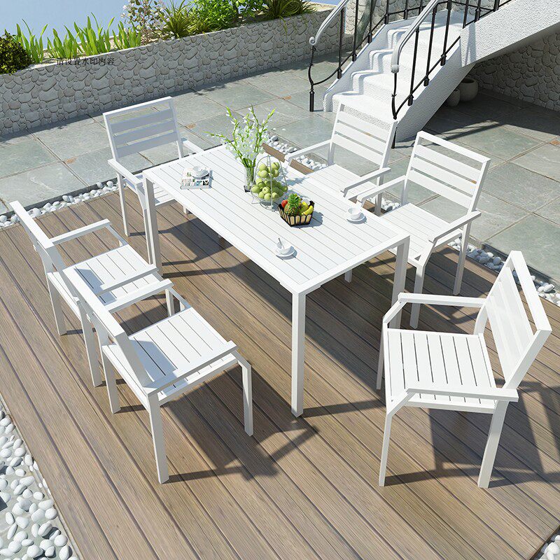 Iron Art Plastic Wood White Outdoor Table And Chairs Patio Outdoor balcony open-air Cafeteria Milk Tea Shop Iron Art Plastic Wood Table and chairs