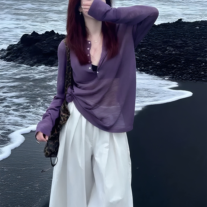 Korean-Style Atmospheric Outfit: Purple Half-Open Collar Knit Sweater for Women, New Summer Style, Thin and Loose Top for a Lazy Style Korean-Style Atmospheric Outfit: Purple Half-Open Collar Knit Sweater for Women, New Summer Style, Thin and Loose Top for a Lazy Style