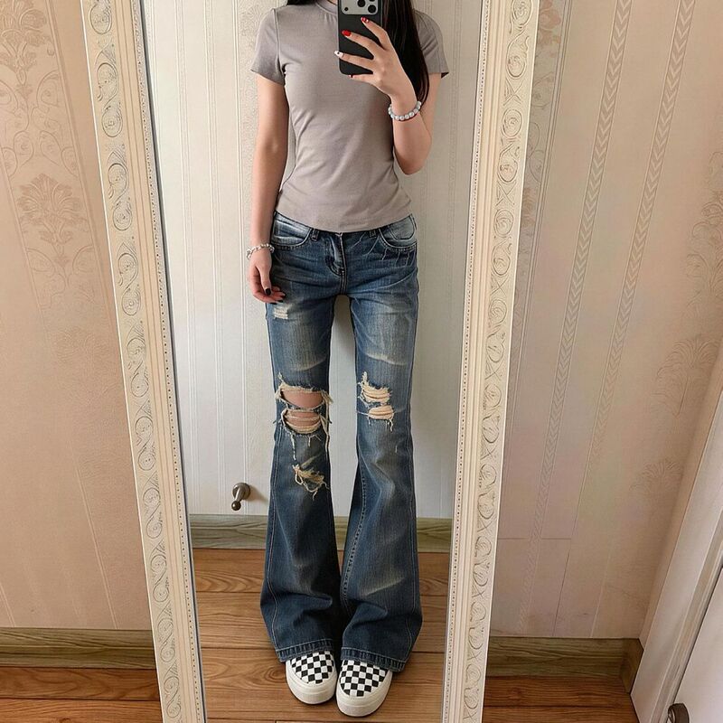 American-Style Washed-Out Ripped Design Flared Jeans for Women, High-Street Y2K Spicy Girl Narrow-Fit Low-Waist Pants American-Style Washed-Out Ripped Design Flared Jeans for Women, High-Street Y2K Spicy Girl Narrow-Fit Low-Waist Pants