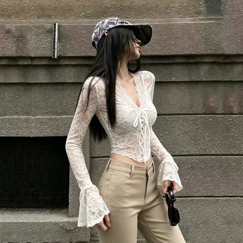 Sexy V-Neck Lace Blouse for Women, Autumn Fashion Design with Tie, Stylish Short Top with Flared Long Sleeves